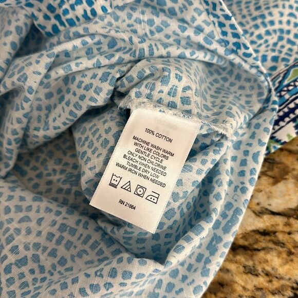 Foxcroft Border Trim Cotton Wrinkle Free Tunic Top In Lagoon Multi Size 18 - Picture 6 of 9